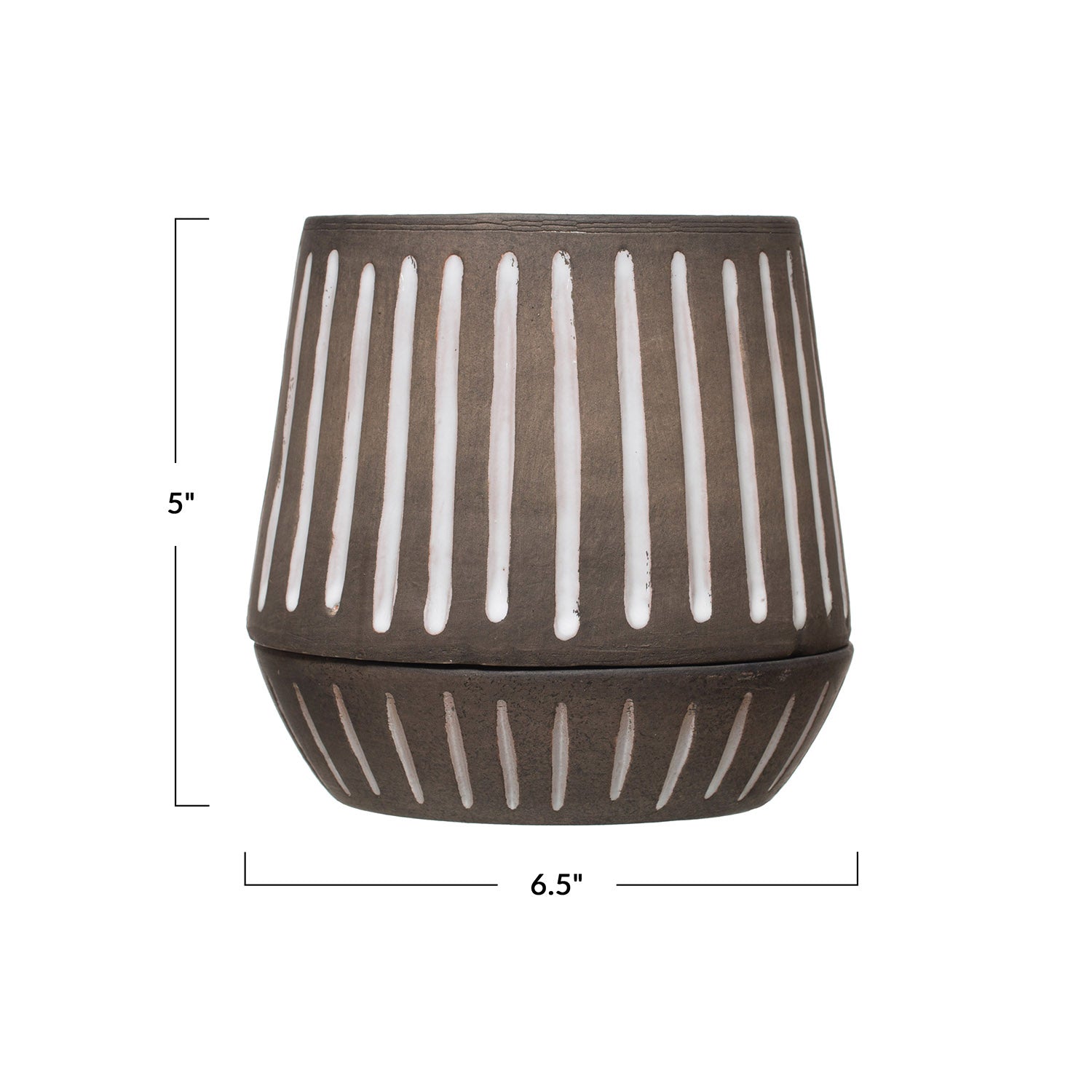 A brown terracotta pot with white stripes pattern, including a saucer, displayed against a white background.